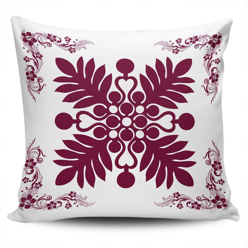 Hawaiian Quilt Maui Plant And Hibiscus Pattern Pillow Covers - Burgundy White - AH One Size Burgundy - Polynesian Pride