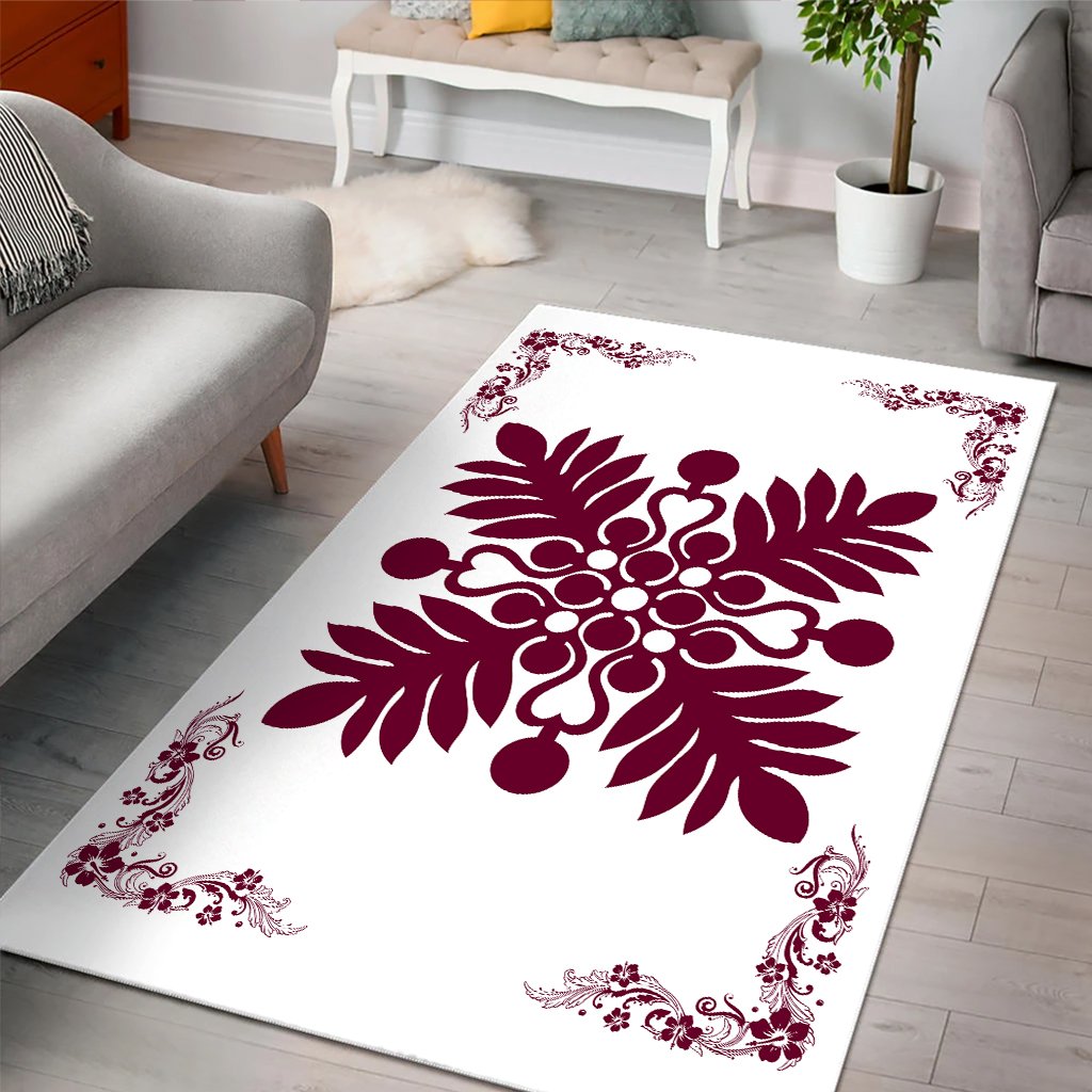 Hawaiian Quilt Maui Plant And Hibiscus Pattern Area Rug - Burgundy White - AH - Polynesian Pride