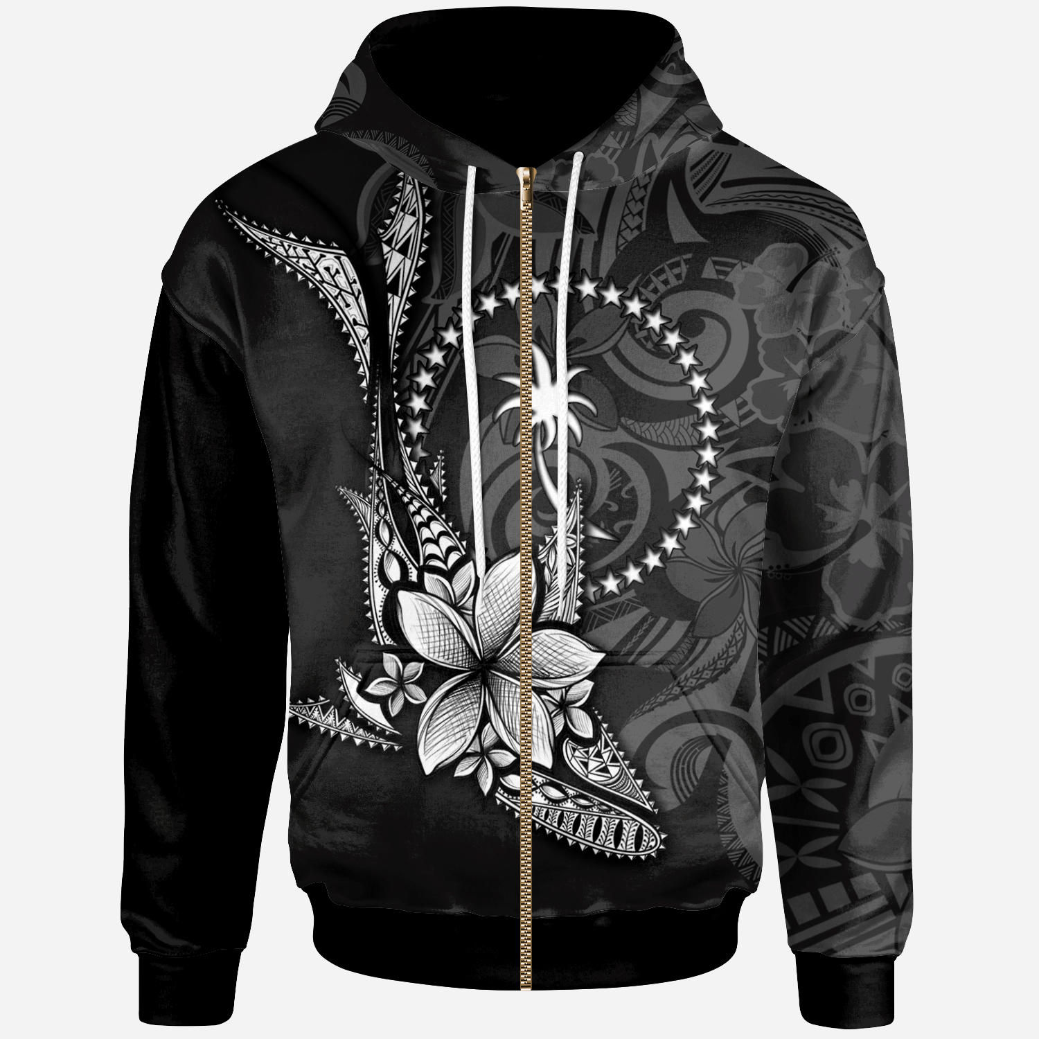 Chuuk State Zip Hoodie Fish With Plumeria Flowers Style Unisex Black - Polynesian Pride