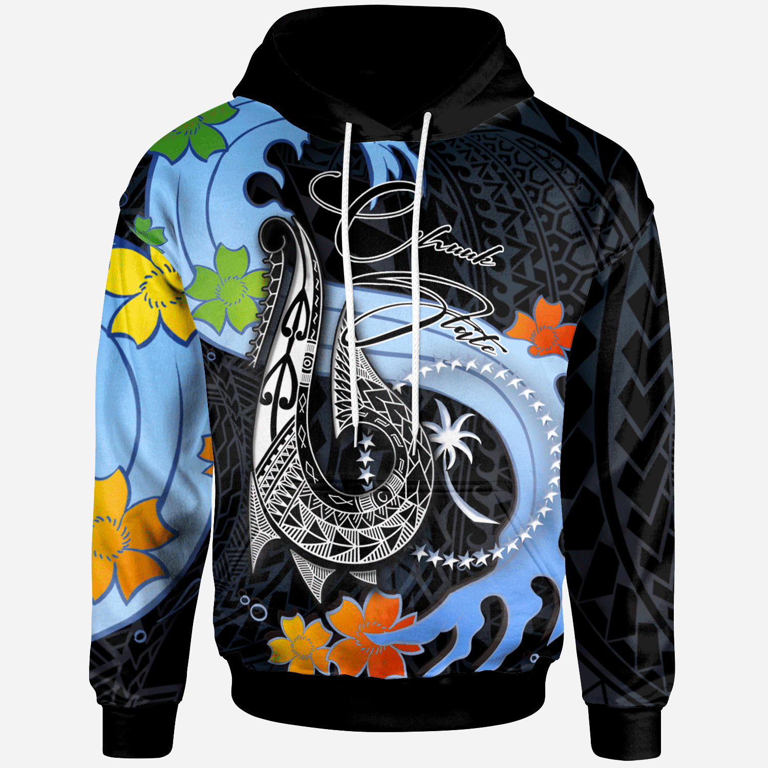 Chuuk State Hoodie Fish Hooks and Wave Unisex Black - Polynesian Pride