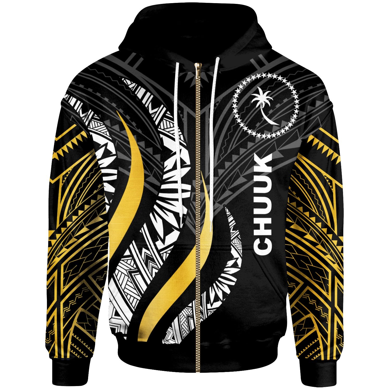 Chuuk Zip Hoodie Chuuk Strong Fire Pattern Gold Unisex Black - Polynesian Pride