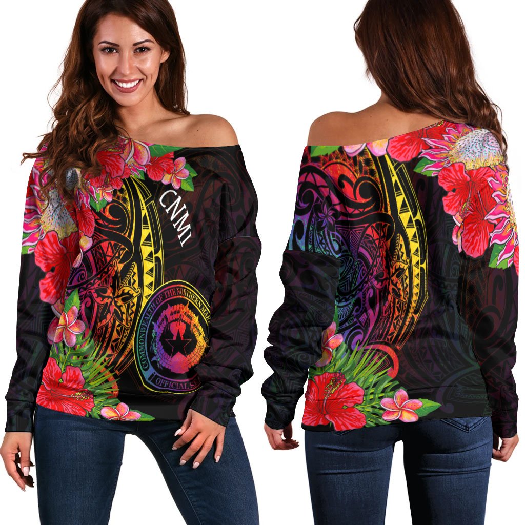 Northern Mariana Islands Women's Off Shoulder Sweater - Tropical Hippie Style Black - Polynesian Pride