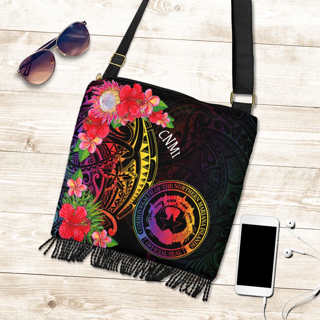 Northern Mariana Islands Boho Handbag - Tropical Hippie Style One Size Boho Handbag Black - Polynesian Pride