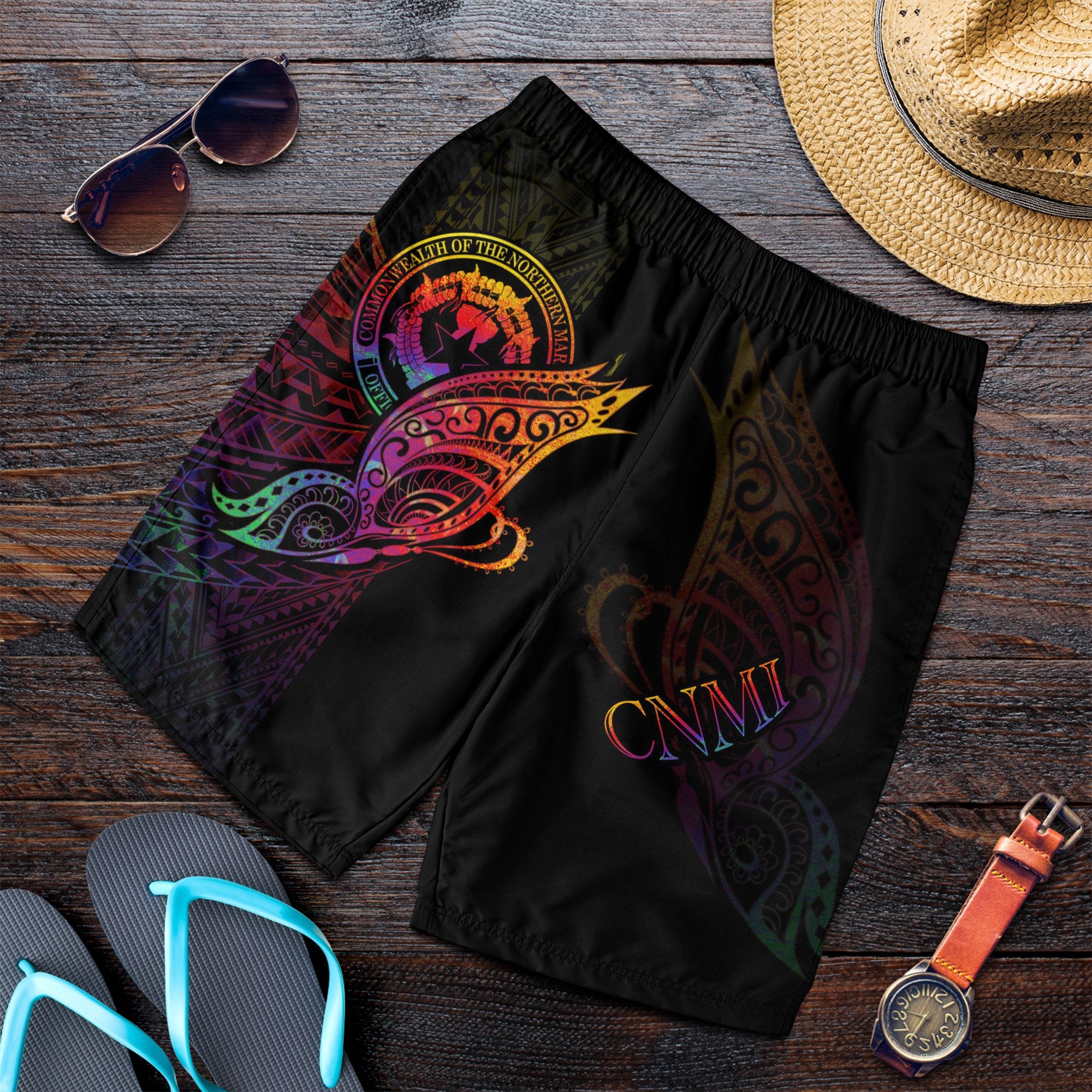 Northern Mariana Islands Men's Shorts - Butterfly Polynesian Style Black - Polynesian Pride