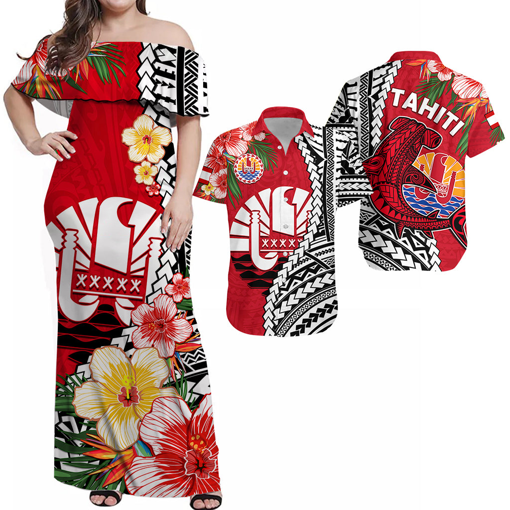 Tahiti Islands Matching Dress and Hawaiian Shirt Polynesian Shark Mix Tropical Flowers LT14 Red - Polynesian Pride