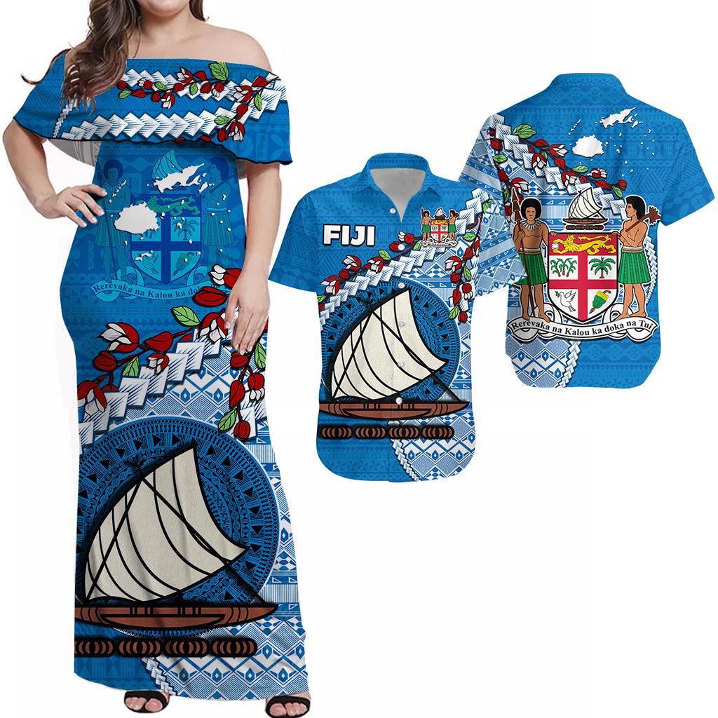 Polynesian Matching Hawaiian Shirt and Dress Fijian Drua Mix Tagimaucia Flower Blue Style LT14 Blue - Polynesian Pride