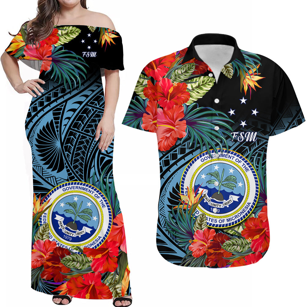 Federated States of Micronesia Matching Dress and Hawaiian Shirt Polynesian Hibiscus Flowers LT14 Black - Polynesian Pride