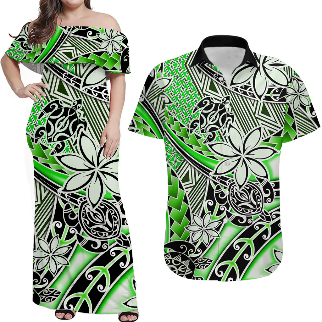 Custom Polynesian Couple Outfits Matching Hawaiian Tribal Dress And Hawaiian Shirt Tribal Plumeria with Polynesian Turtle Ver.01 LT14 Green - Polynesian Pride