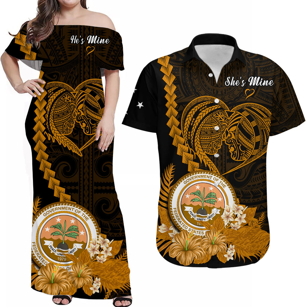 Custom Valentine Federated States of Micronesia Matching Hawaiian Shirt and Dress Heart Love Tropical Flowers Gold LT14 Gold - Polynesian Pride