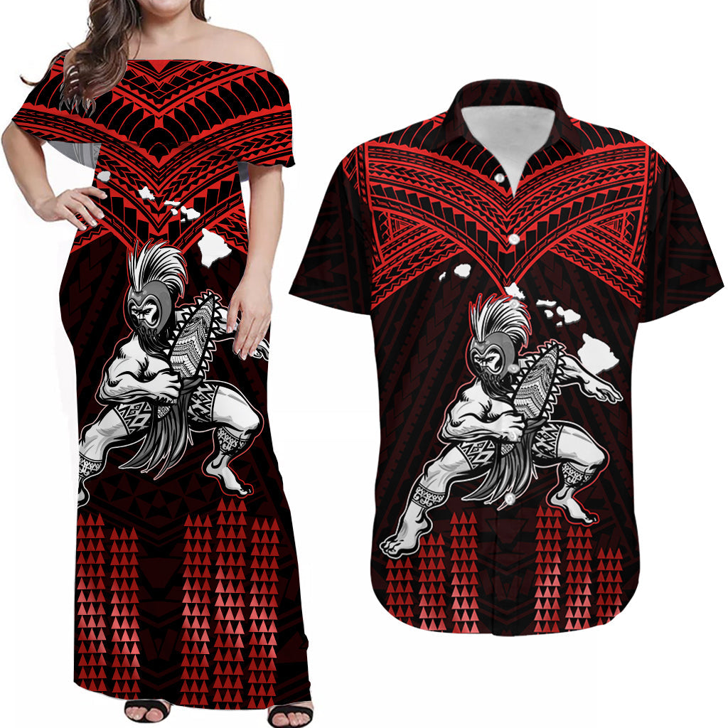 Custom Polynesian Couple Outfits Matching Hawaiian Warrior with Weapon Polynesian Tribal Red Dress And Shirt Ver.05 LT14 Red - Polynesian Pride