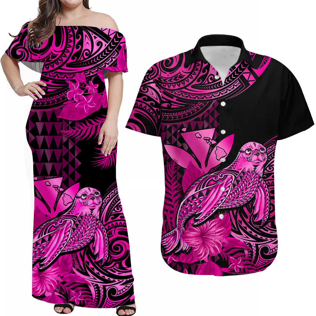 Custom Hawaii Monk Seal Matching Dress and Hawaiian Shirt Kakau with Kanaka Pink LT14 Pink - Polynesian Pride