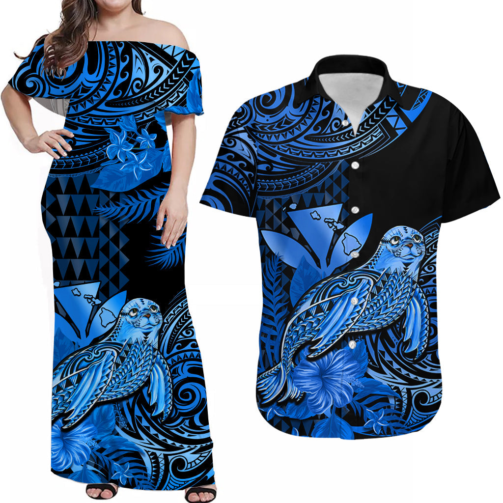Custom Hawaii Monk Seal Matching Dress and Hawaiian Shirt Kakau with Kanaka Blue LT14 Blue - Polynesian Pride
