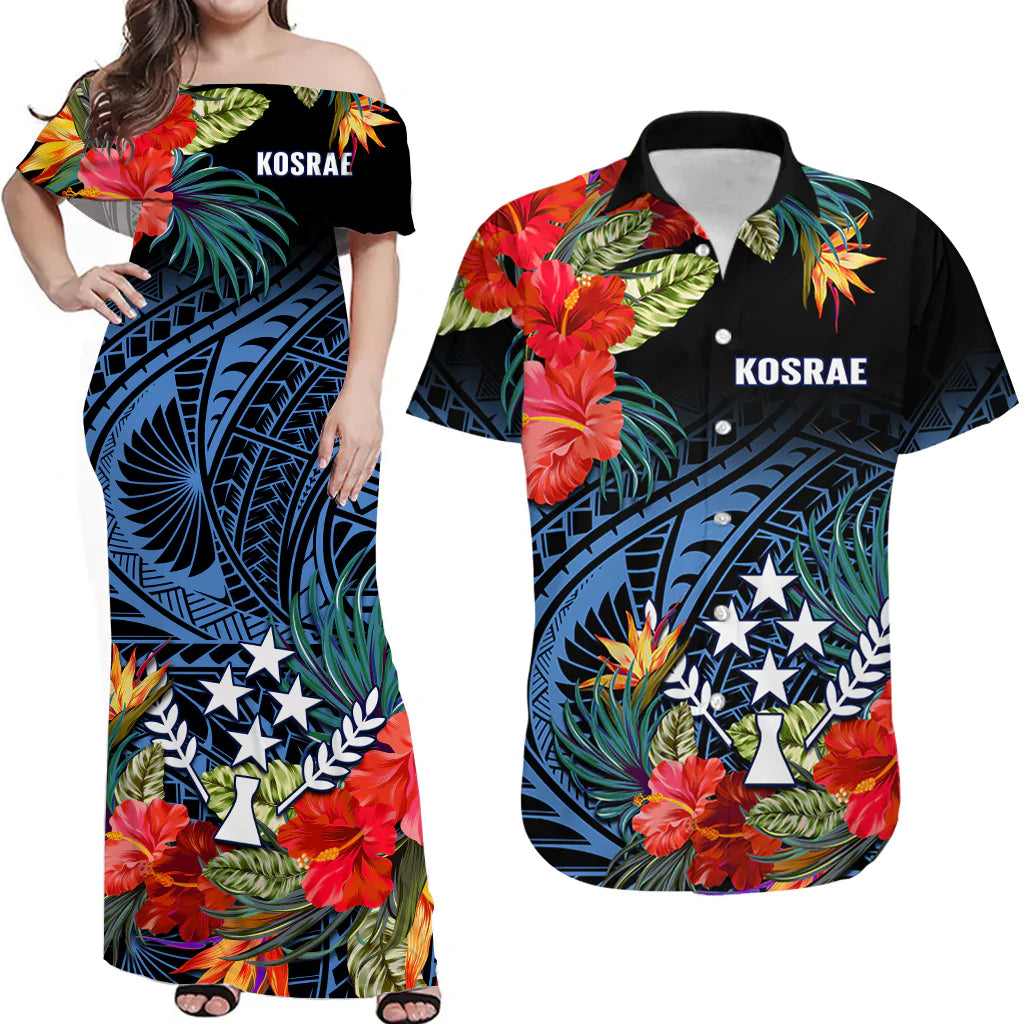 Custom Polynesian Couple Outfits Kosrae State Matching Dress and Hawaiian Shirt Polynesian Hibiscus Flowers LT14 Blue - Polynesian Pride