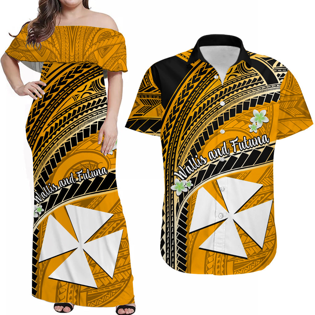 Custom Wallis And Futuna Matching Dress and Hawaiian Shirt Plumeria Flowers with Gold Polynesian Pattern LT14 Gold - Polynesian Pride