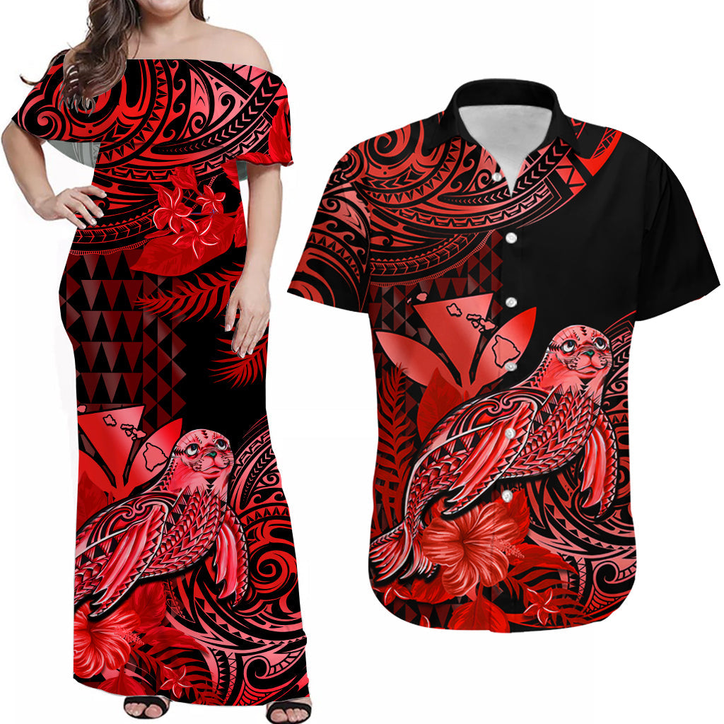 Custom Hawaii Monk Seal Matching Dress and Hawaiian Shirt Kakau with Kanaka Red LT14 Red - Polynesian Pride