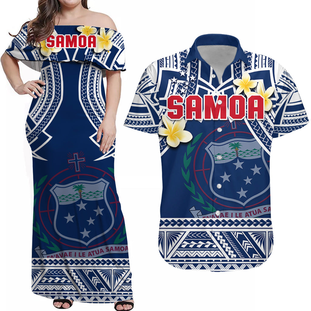 Samoa Matching Dress and Hawaiian Shirt Samoan Plumeria Flowers Mix Polynesian Pattern LT14 Blue - Polynesian Pride