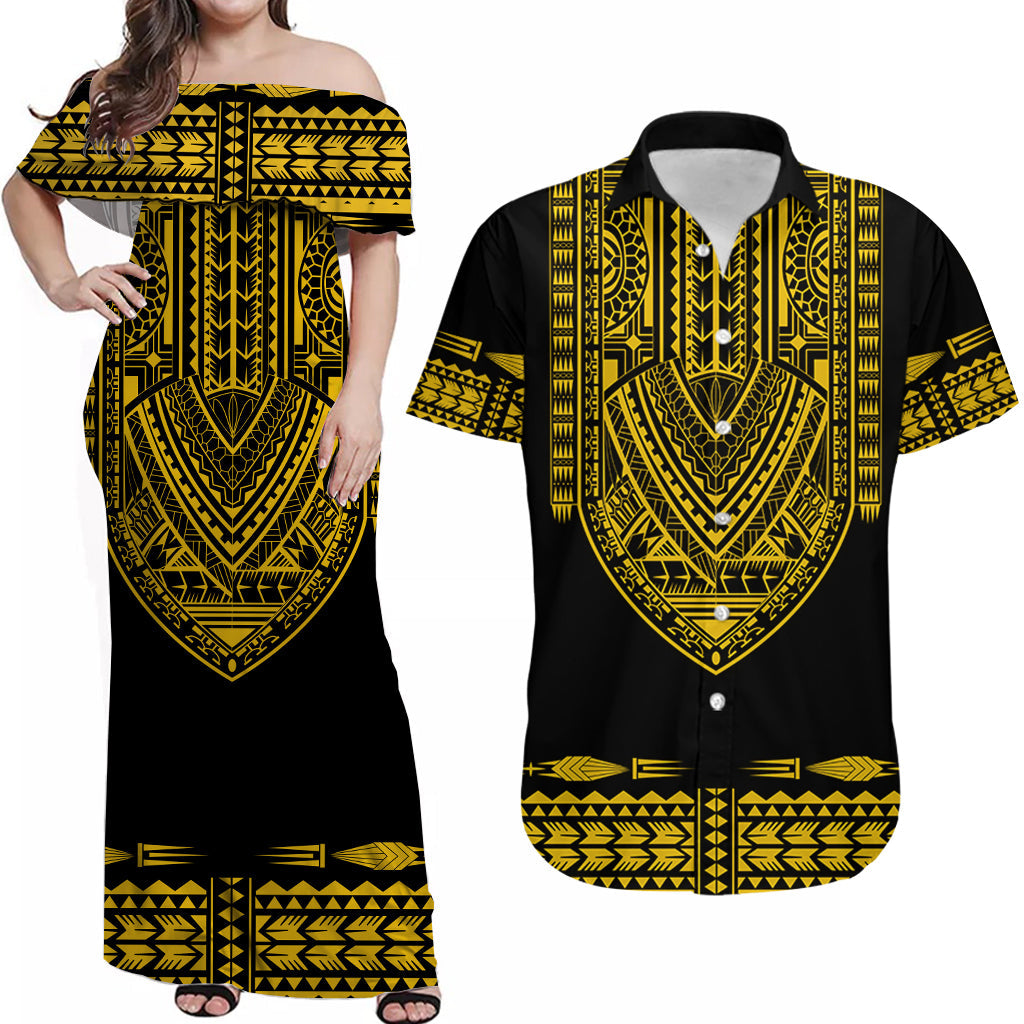 Custom Polynesian Tribal Matching Dress and Hawaiian Shirt Dashiki with Polynesian Tattoo Royal Golden Version LT14 Black - Polynesian Pride