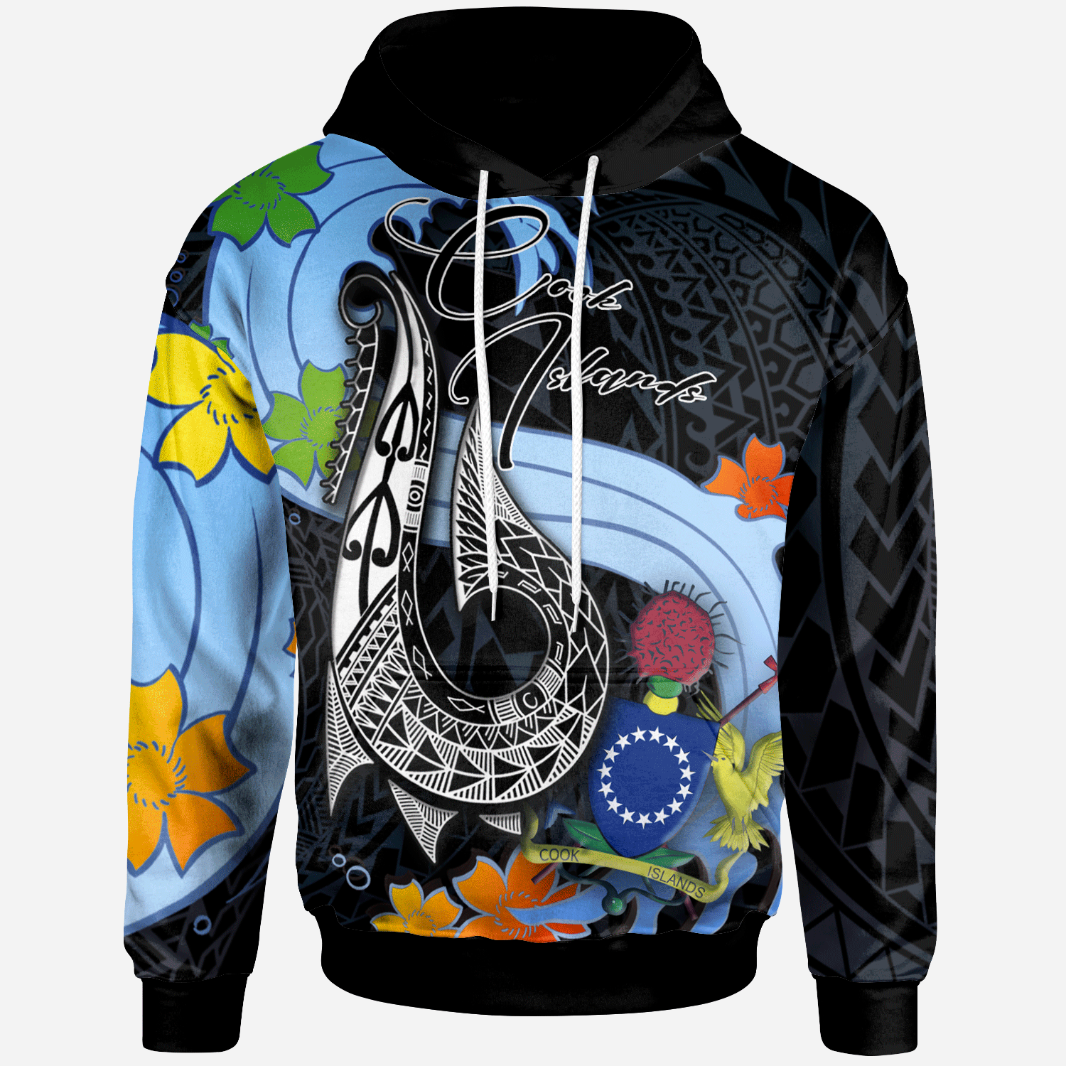 Cook Islands Hoodie Fish Hooks and Wave Unisex Black - Polynesian Pride