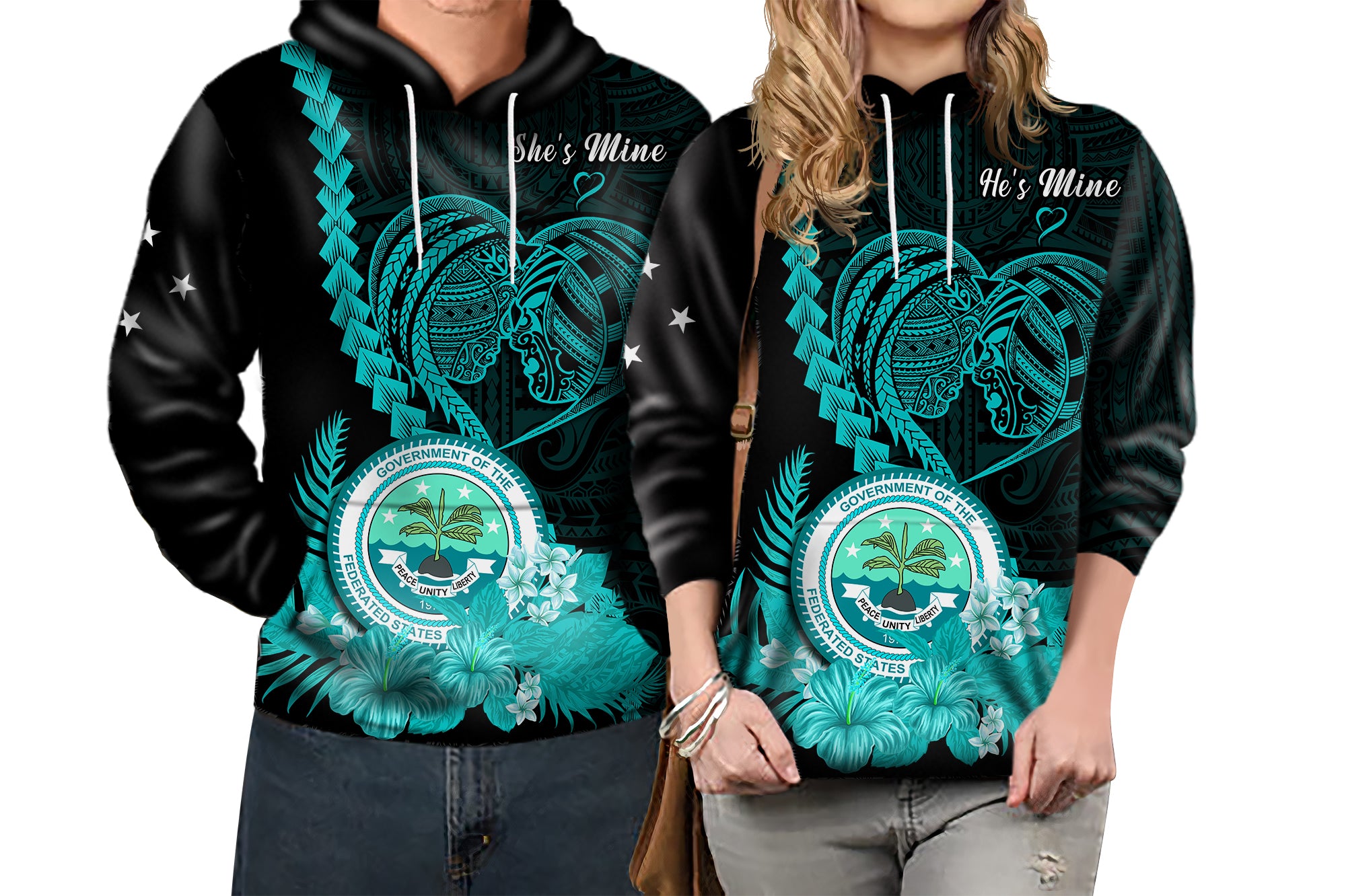 Custom FSM Valentine Couple Hoodie Heart Love Tropical Flowers Turquoise LT14 - Polynesian Pride