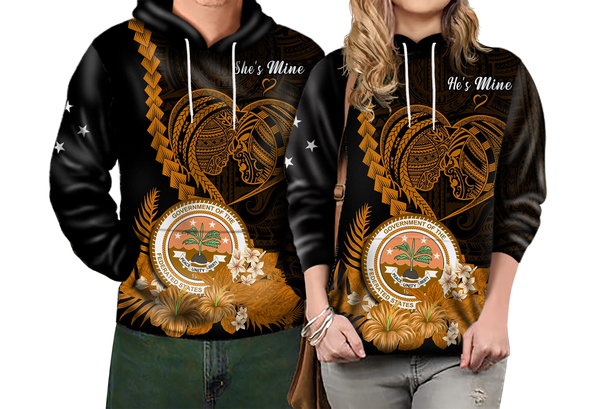 Custom FSM Valentine Couple Hoodie Heart Love Tropical Flowers Gold LT14 - Polynesian Pride