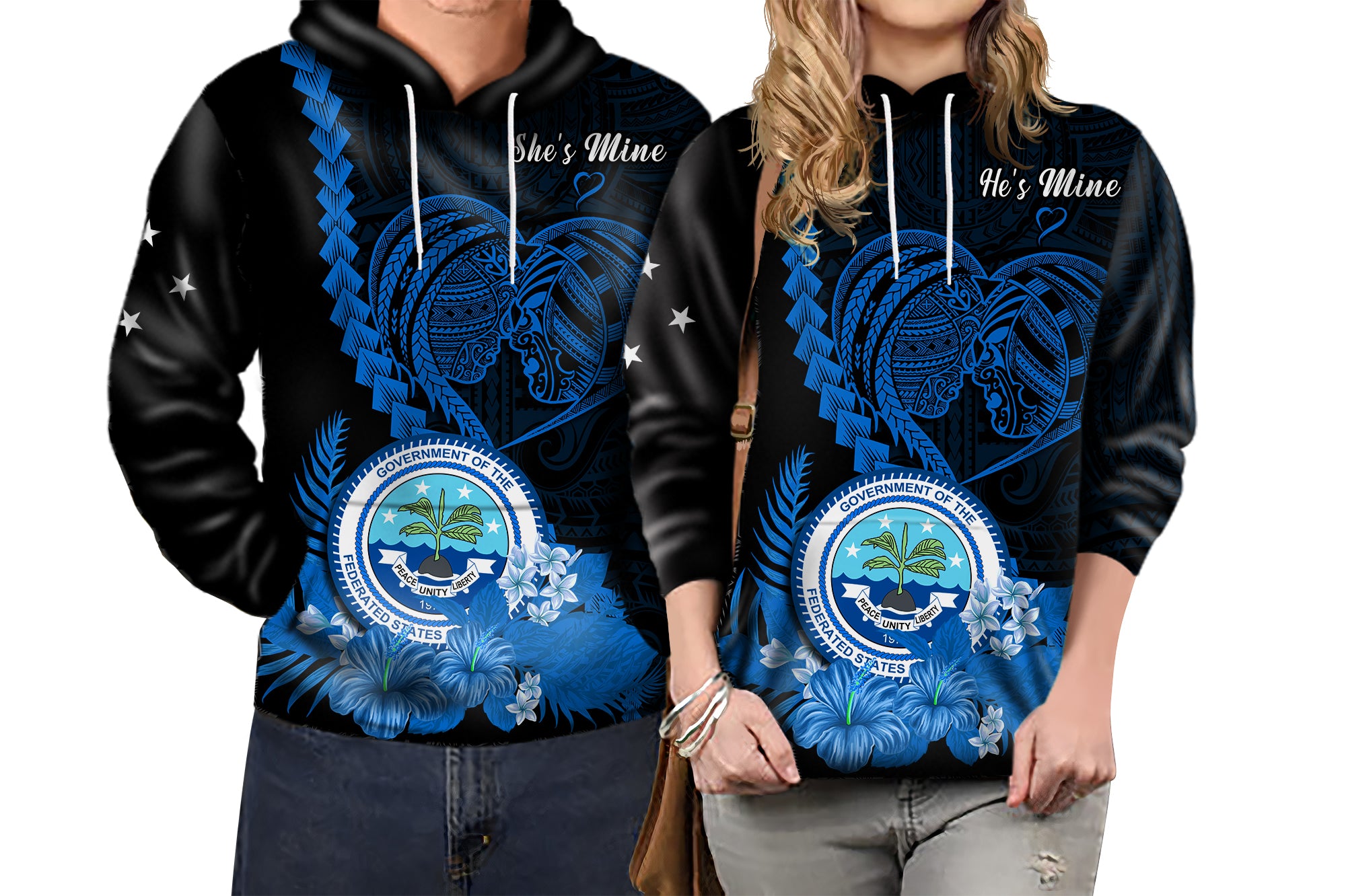 Custom FSM Valentine Couple Hoodie Heart Love Tropical Flowers Blue LT14 - Polynesian Pride