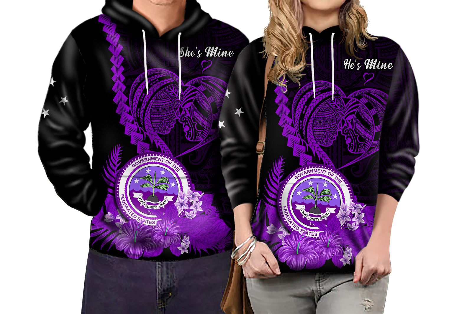 Custom FSM Valentine Couple Hoodie Heart Love Tropical Flowers Purple LT14 - Polynesian Pride