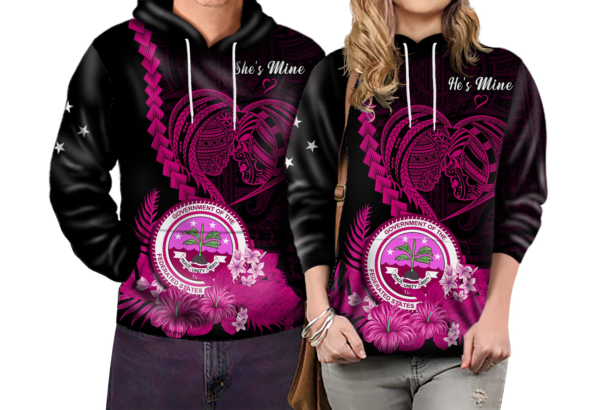 Custom FSM Valentine Couple Hoodie Heart Love Tropical Flowers Pink LT14 - Polynesian Pride