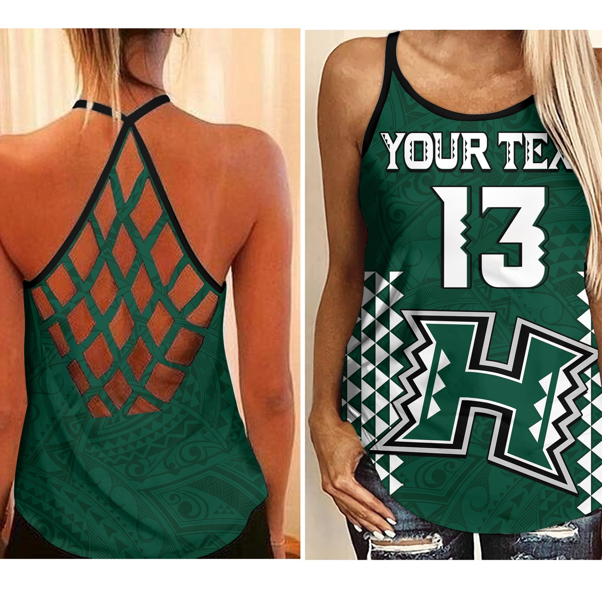 (Custom Text and Number) Hawaii Football Criss Cross Tank Top Kakau Warrior Be Stronger LT13 Female Green - Polynesian Pride