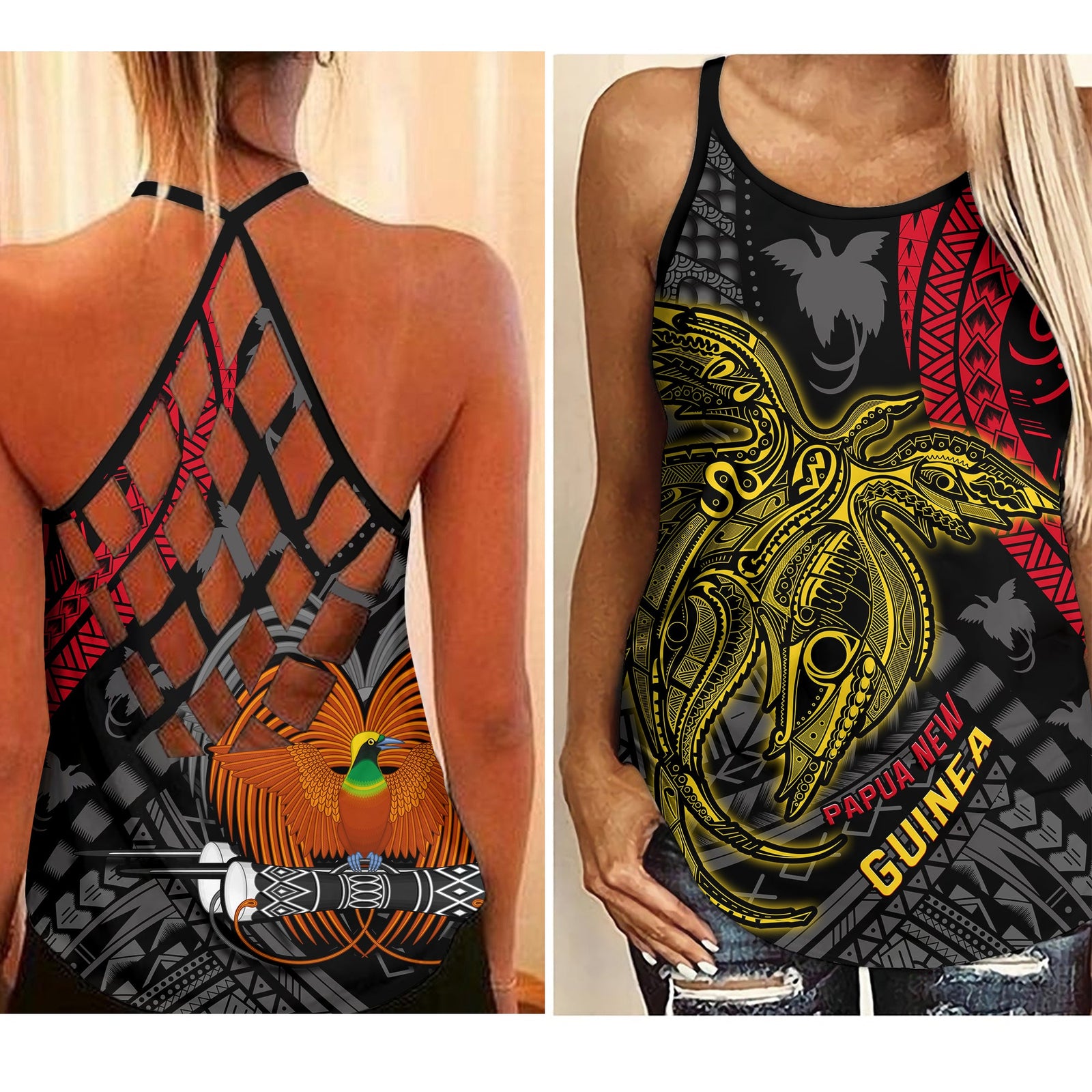 Papua New Guinea Criss Cross Tank Top Raggiana Birds Of Paradise Happy 47th Independence Day LT13 Female Black - Polynesian Pride