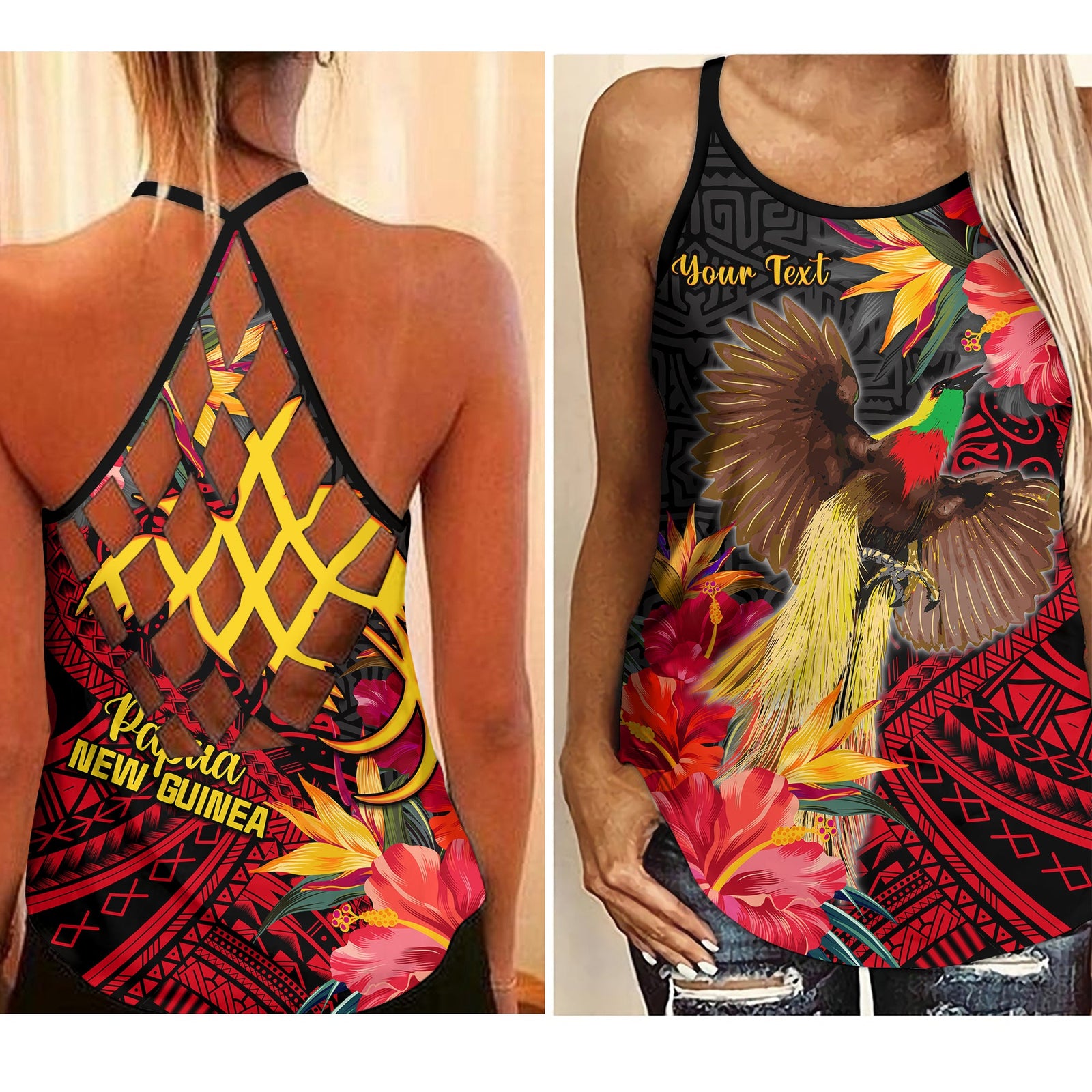 (Custom Personalised) Papua New Guinea Criss Cross Tank Top Bird of Paradise LT13 Female Black - Polynesian Pride
