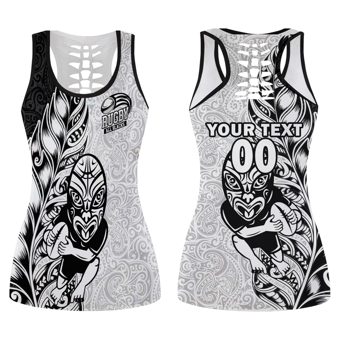 (Custom Personalised) New Zealand Maori All Black Rugby Hollow Tank Top - LT2 Female WHITE - Polynesian Pride