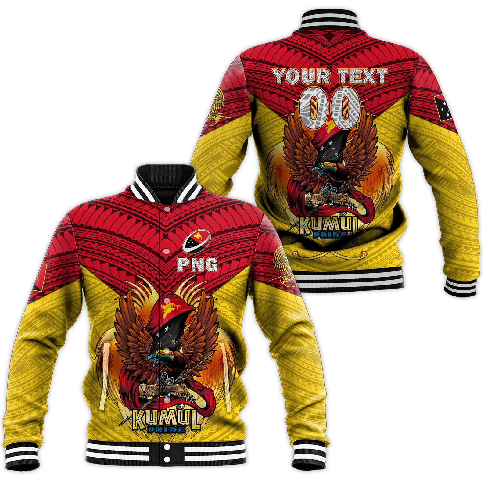 (Custom Personalised) Papua New Guinea Rugby Kumul Pride Baseball Jacket - LT2 Unisex YELLOW - Polynesian Pride