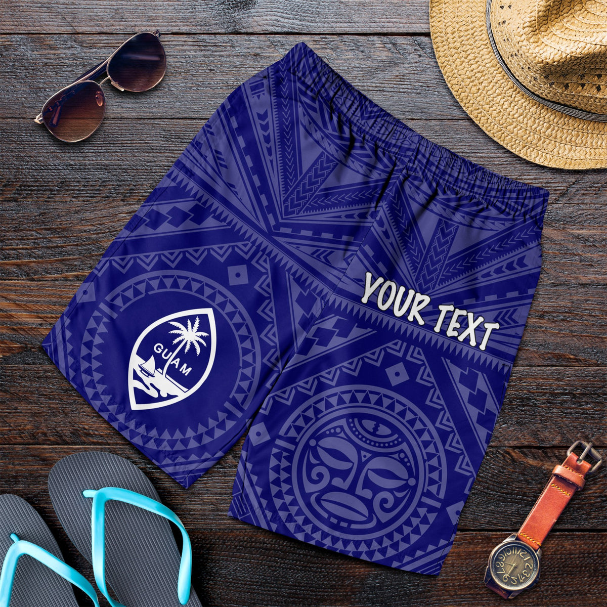 Guam Personalised Men's Short - Guam Seal With Polynesian Tattoo Style (Blue) - Polynesian Pride