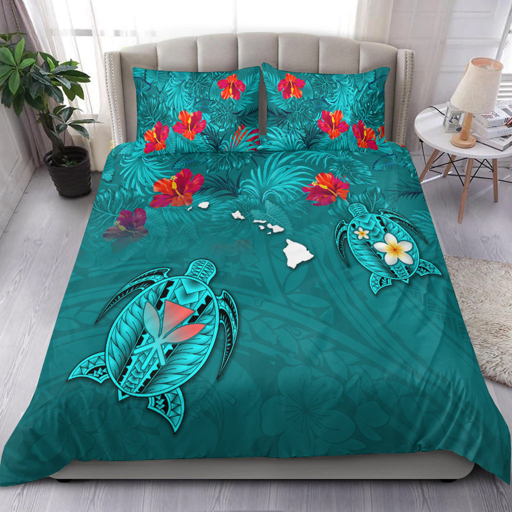 Hawaiian Islands Bedding Set - Hawaii Tropical Flowers and Turtles Turquoise LT13 Turquoise - Polynesian Pride