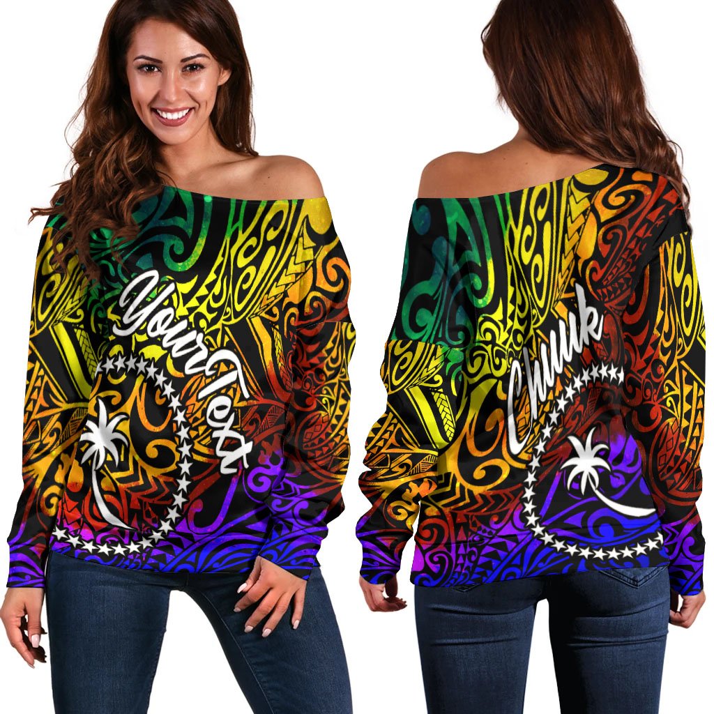 Chuuk Custom Personalised Women's Off Shoulder Sweater - Rainbow Polynesian Pattern Rainbow - Polynesian Pride