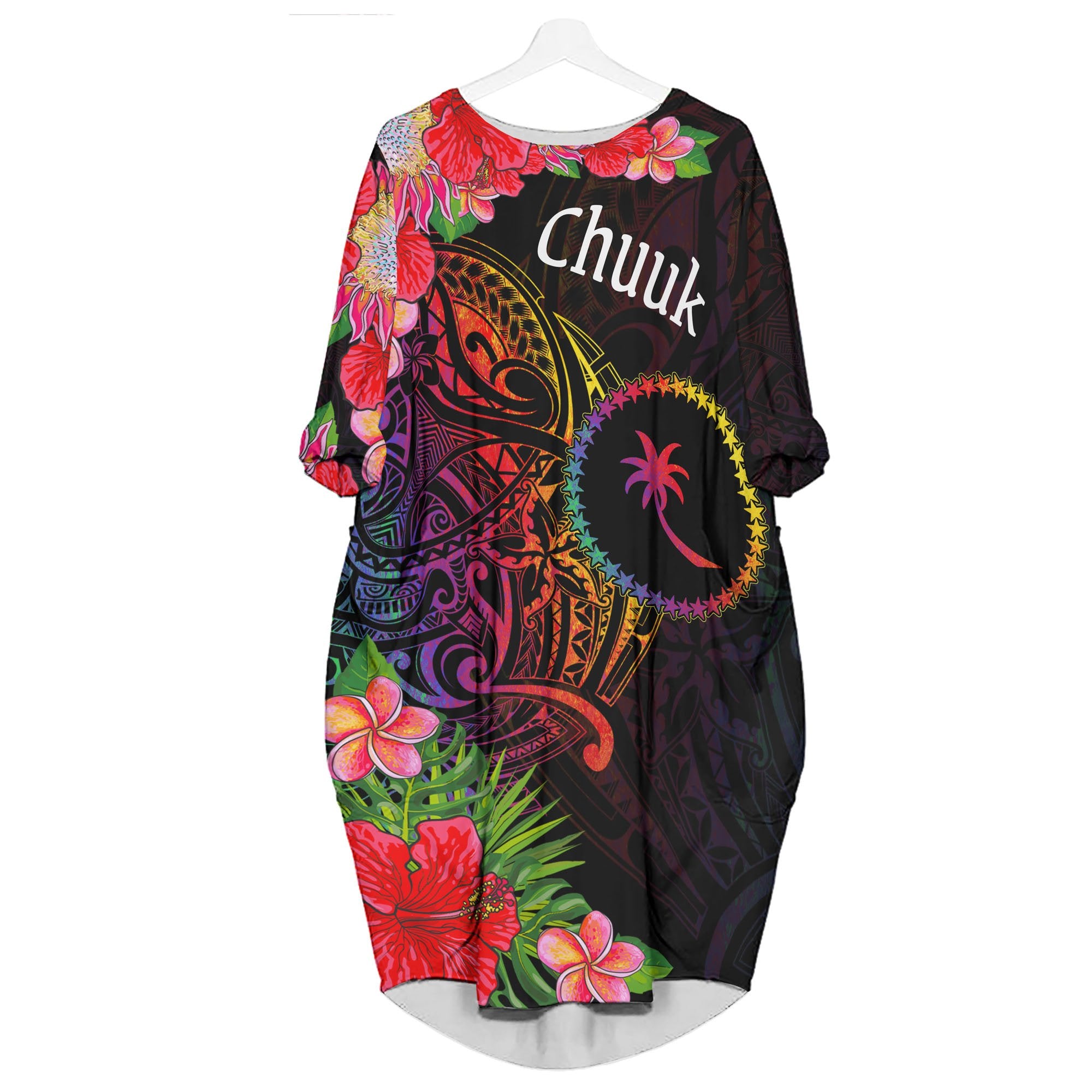 Chuuk State Batwing Pocket Dress - Tropical Hippie Style Women Black - Polynesian Pride