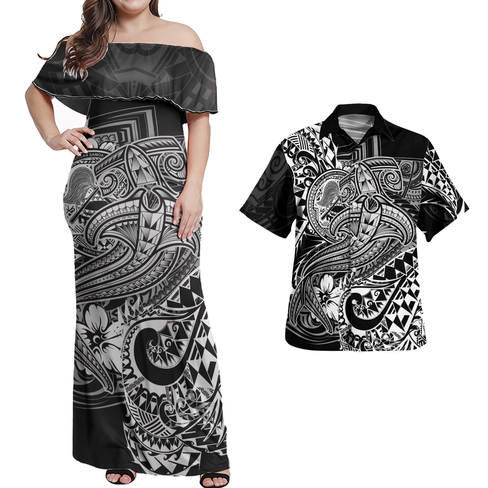 American Samoa Matching Dress and Hawaiian Shirt Polynesian White Shark White - Polynesian Pride