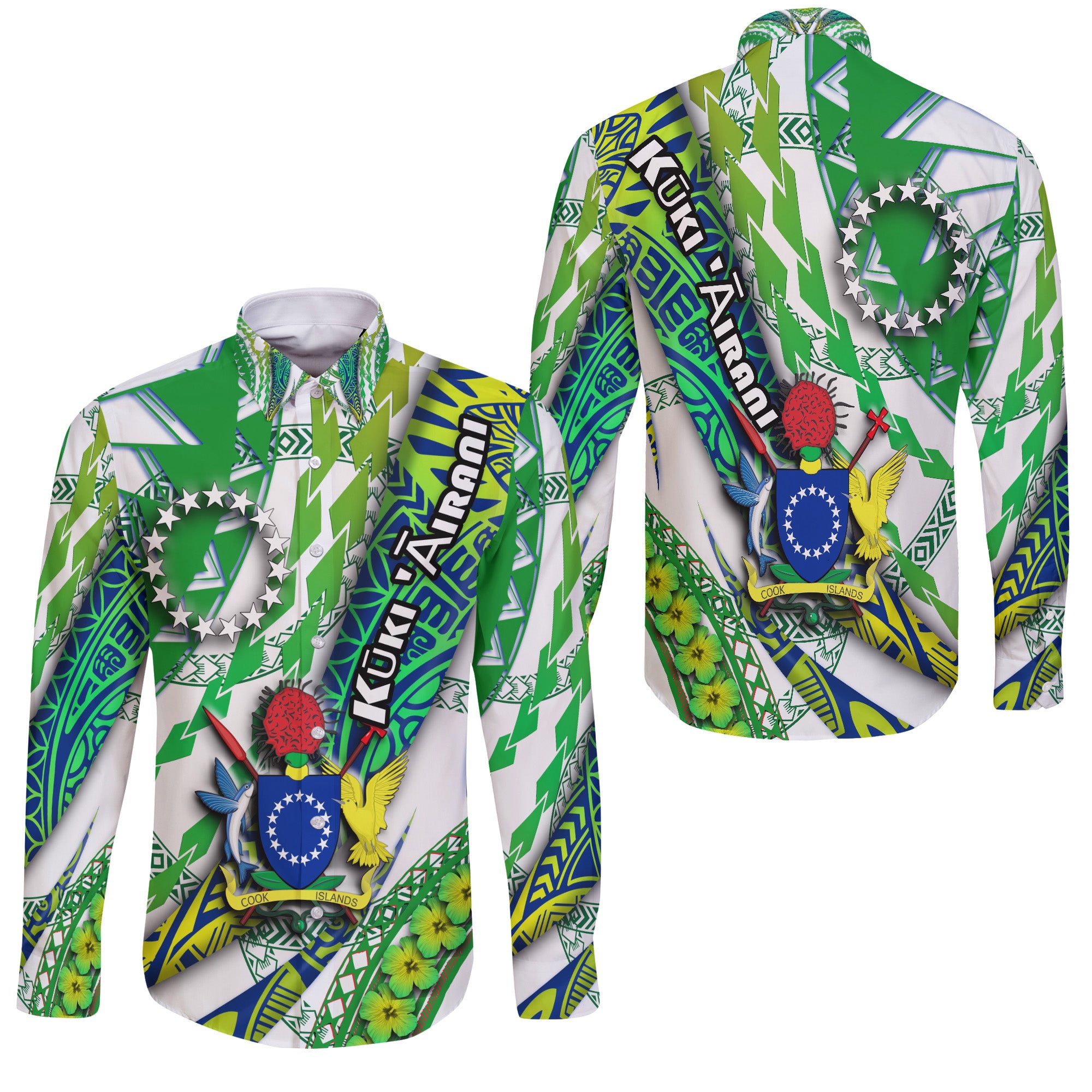 Cook Islands Hawaii Long Sleeeve Button Shirt Artsy Style - White LT9 Unisex White - Polynesian Pride