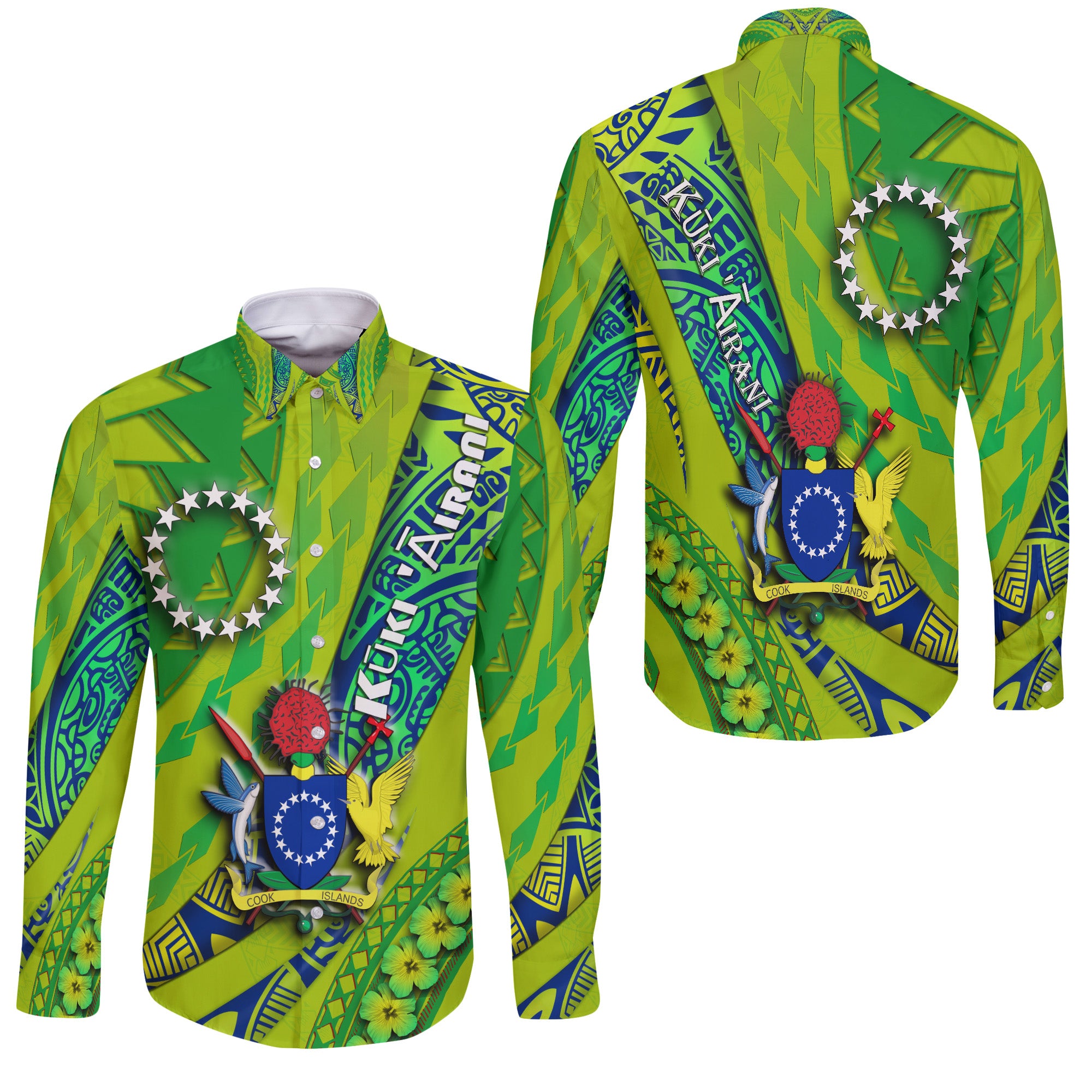 Cook Islands Hawaii Long Sleeeve Button Shirt Artsy Style - Green LT9 Unisex Green - Polynesian Pride