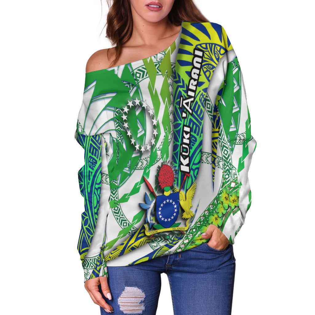 Cook Islands Women Off Shoulder Sweater Artsy Style - White LT9 - Polynesian Pride