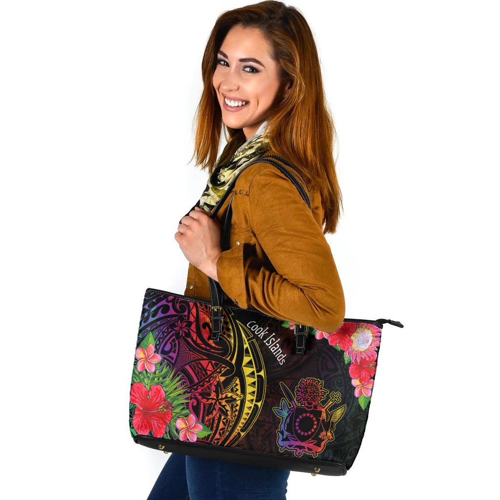 Cook Islands Leather Tote - Tropical Hippie Style Black - Polynesian Pride