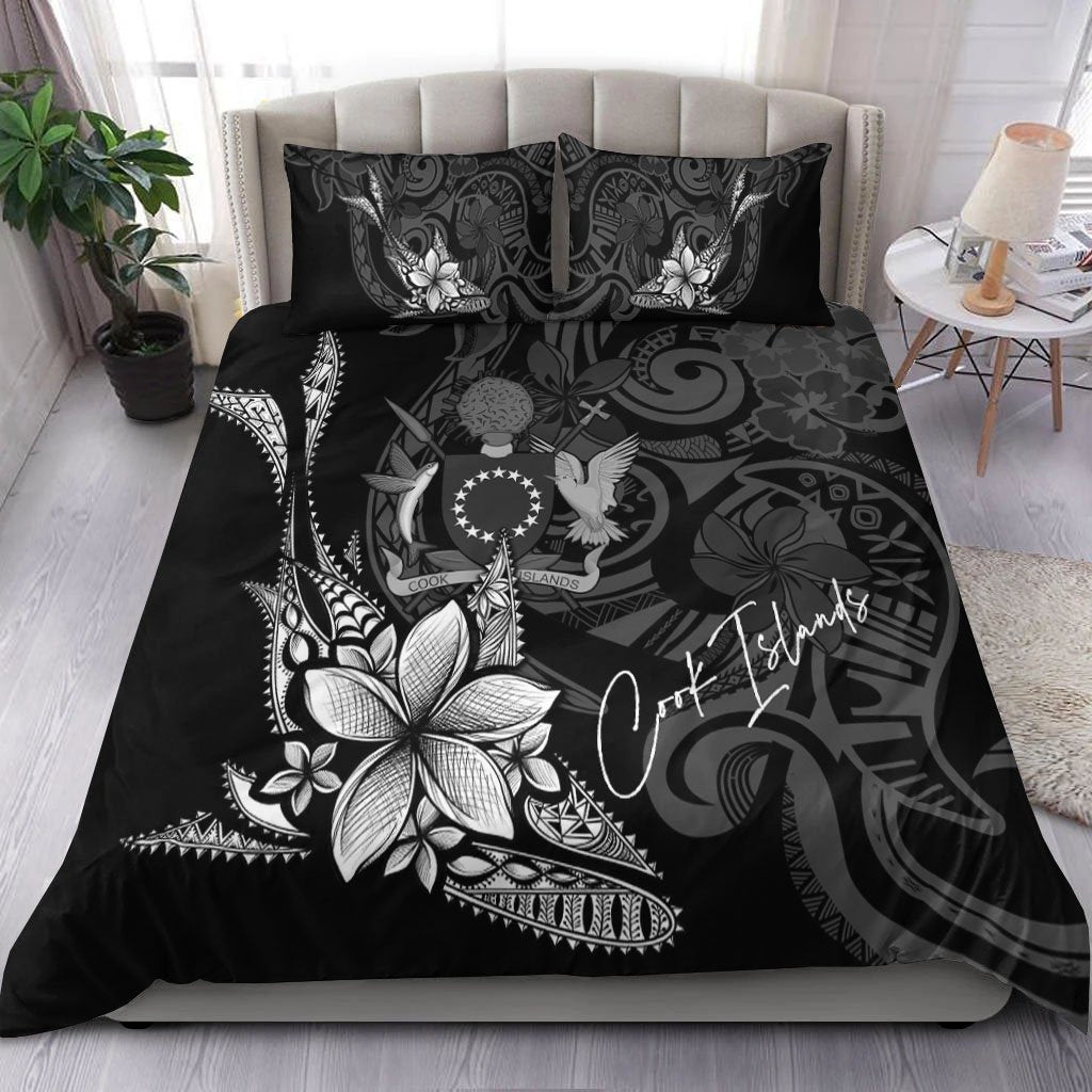 Cook Islands Bedding Set - Fish With Plumeria Flowers Style Black - Polynesian Pride