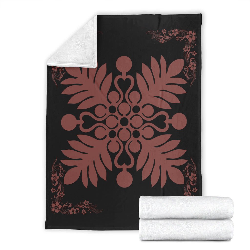 Hawaiian Quilt Maui Plant And Hibiscus Premium Blanket - Coral Black - AH - Polynesian Pride