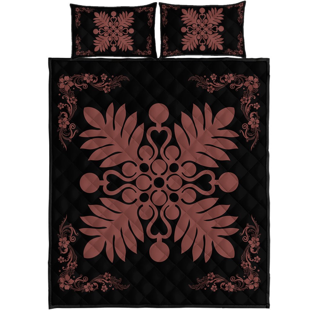 Hawaiian Quilt Maui Plant And Hibiscus Pattern Quilt Bed Set - Coral Black - AH Coral - Polynesian Pride