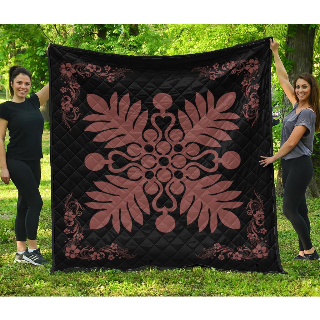 Hawaiian Quilt Maui Plant And Hibiscus Premium Quilt - Coral Black - AH Coral - Polynesian Pride