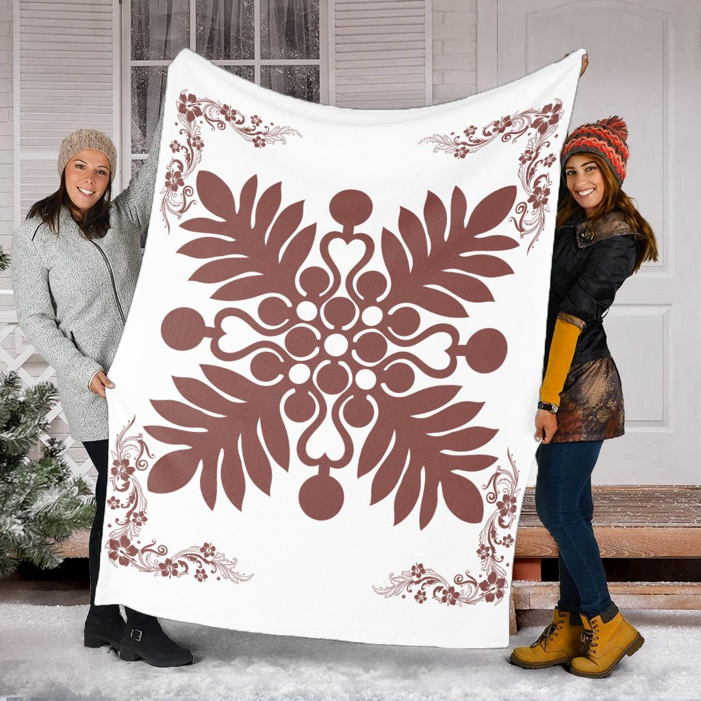 Hawaiian Quilt Maui Plant And Hibiscus Premium Blanket - Coral White - AH - Polynesian Pride