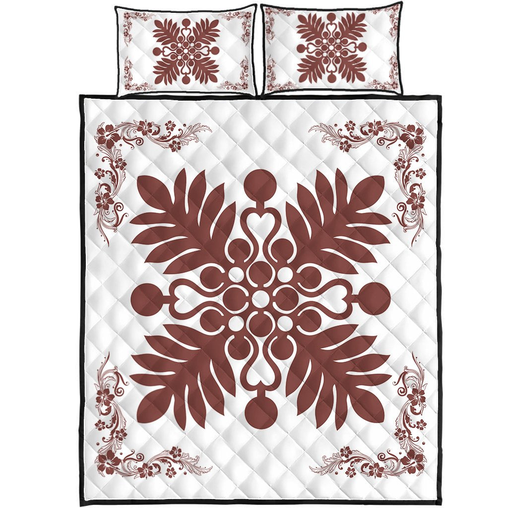 Hawaiian Quilt Maui Plant And Hibiscus Pattern Quilt Bed Set - Coral White - AH Coral - Polynesian Pride