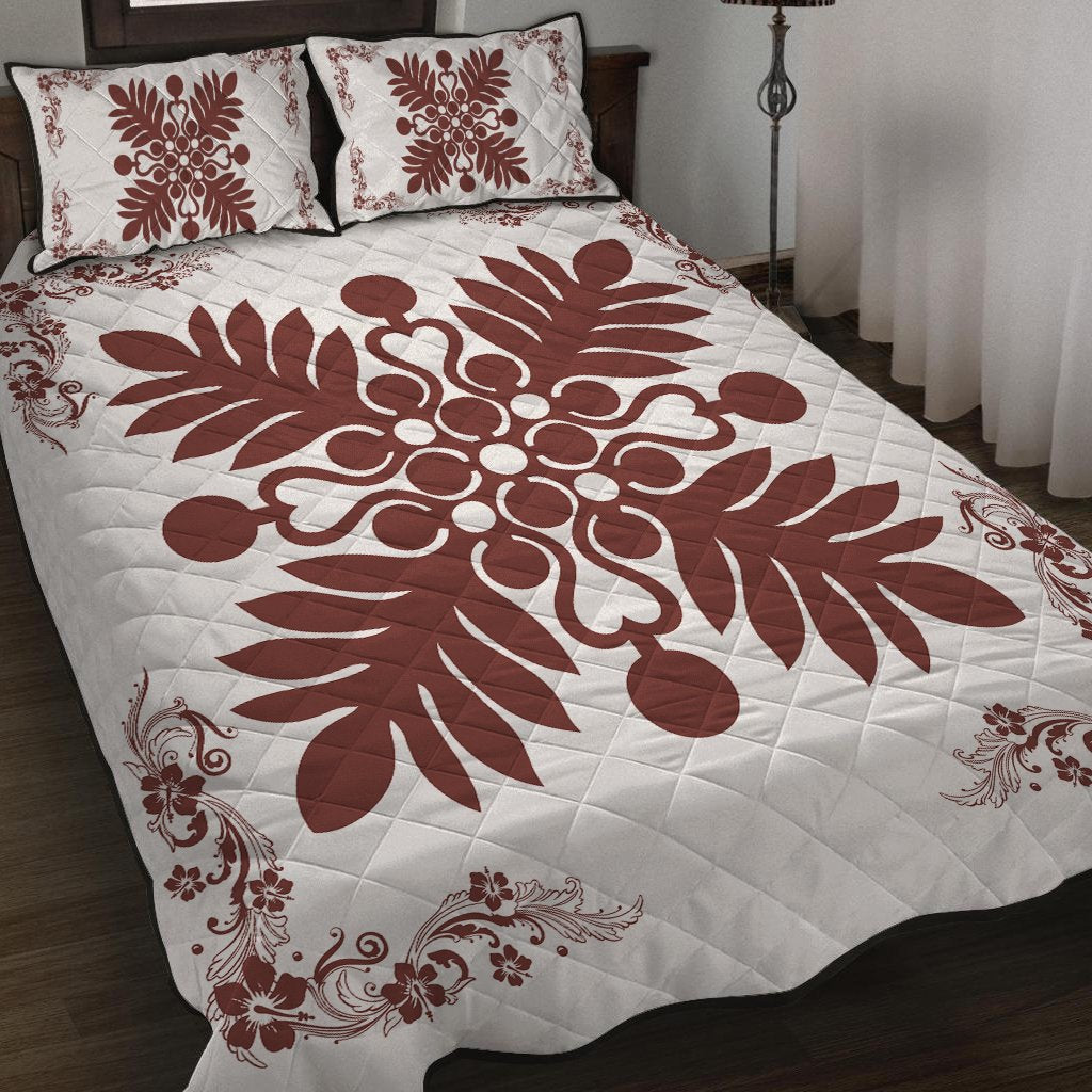 Hawaiian Quilt Maui Plant And Hibiscus Pattern Quilt Bed Set - Coral White - AH - Polynesian Pride