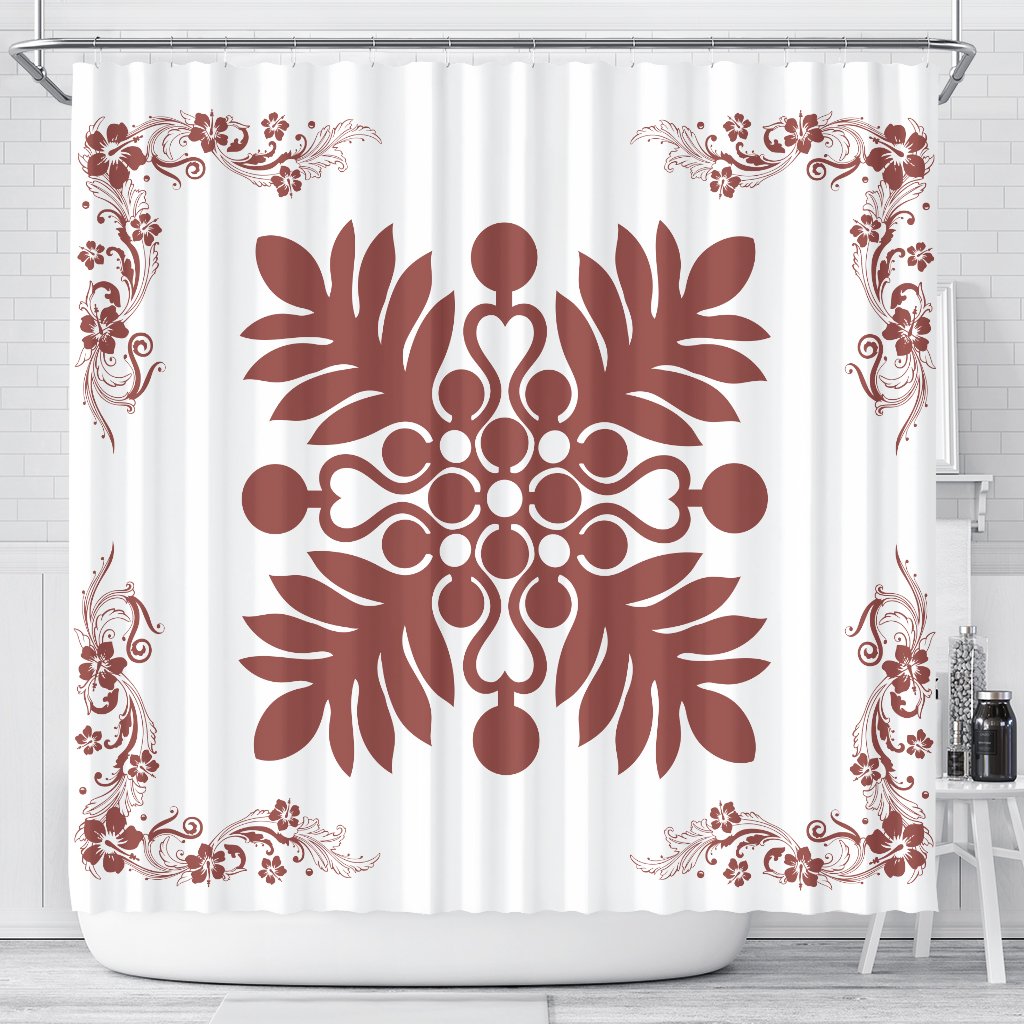 Hawaiian Quilt Maui Plant And Hibiscus Shower Curtain - Coral White - AH 177 x 172 (cm) Coral - Polynesian Pride
