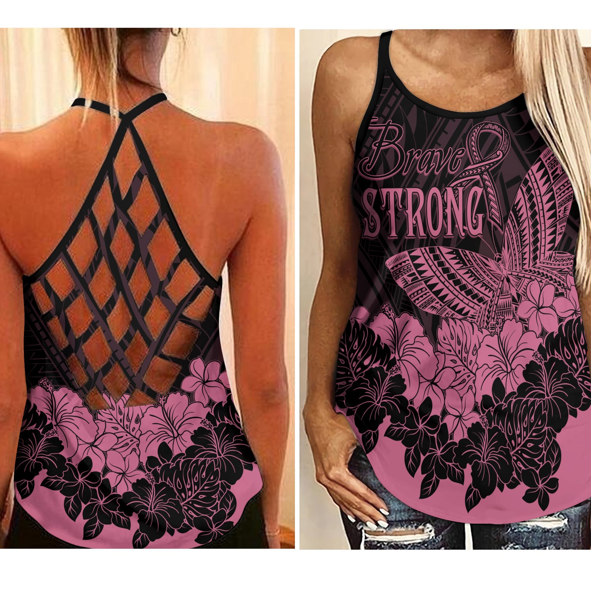 Polynesian Breast Cancer Awareness Criss Cross Tank Floral Butterfly LT7 Female Black - Polynesian Pride